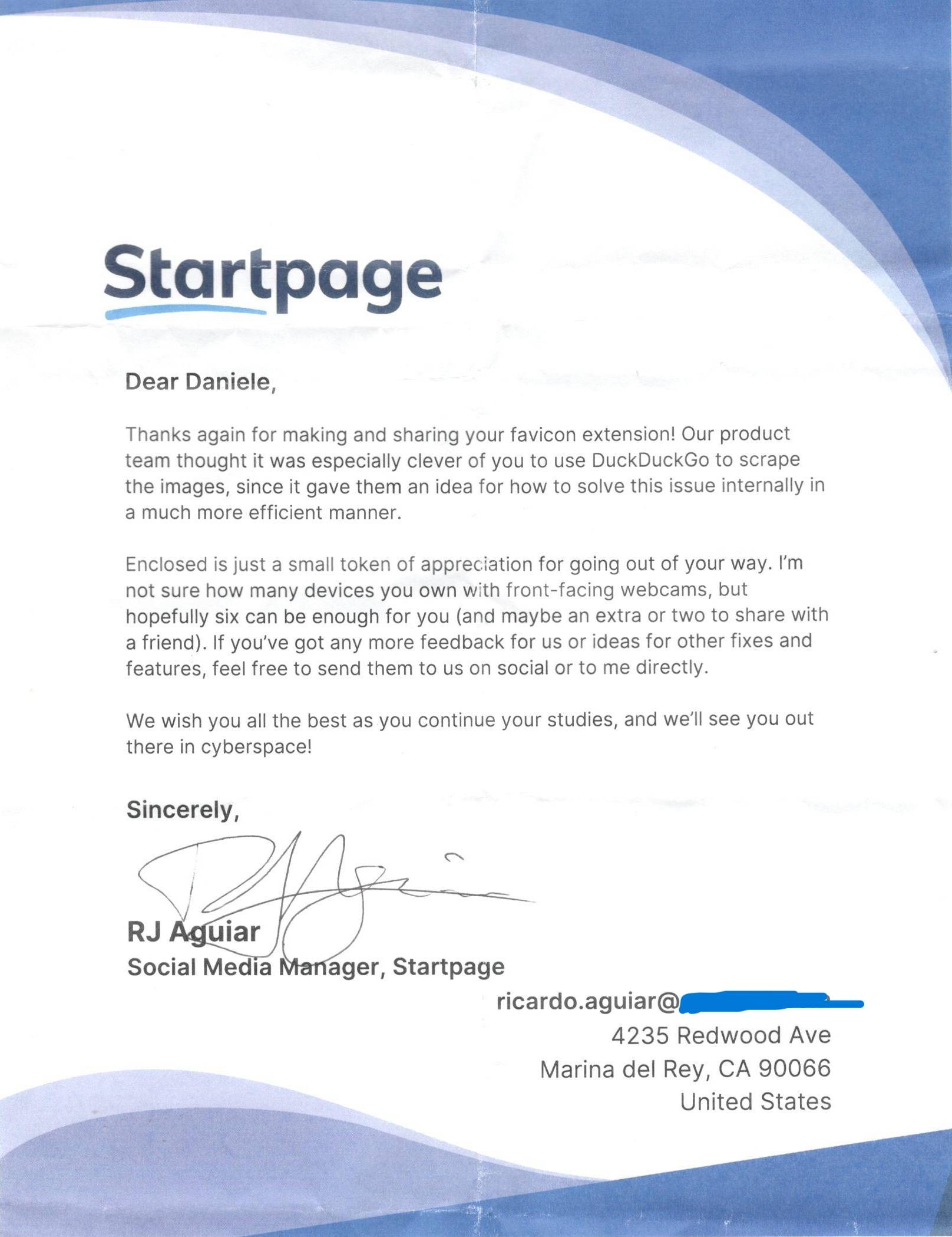 Recognition letter from StartPage